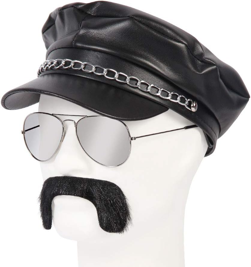 Fancy Dress | Costume | Rocker | (KV-146) | 3 Pieces: Leather Look Biker Hat, Mirrored Sunglasses, Self-adhesive Moustache | Halloween | Carnival | Theme Party | Adults