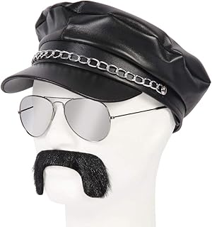 Alsino 80er Jahre Rocker Outfit - 3-teilig (Kv-146) Greek Cap Schwarz Plus Schnurrbart und Pilotenbrille