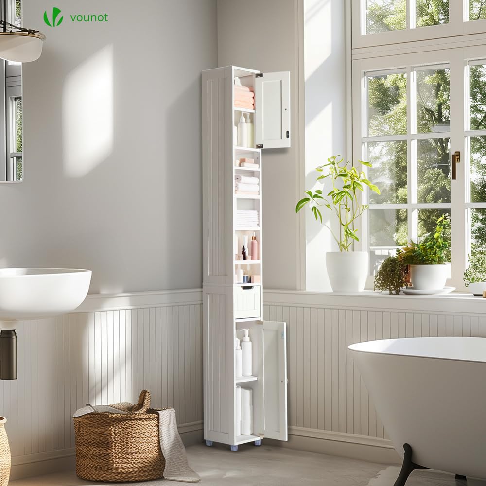 VOUNOT® Armario para Baño Alto Mueble Columna de Baño, Estanterías con 2 Puertas y 1 Cajón, Estantes Ajustables Espacio Abierto, Mueble Auxiliar de Almacenaje para Salón Dormitorio, 20x20x180cm,Blanco