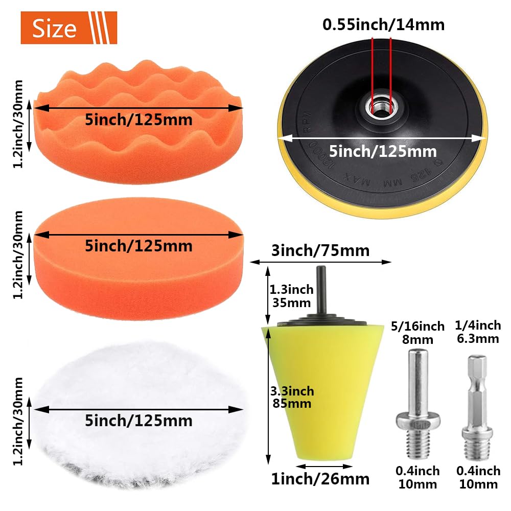 Buffing Polishing Pads, Tshya 14Pack 5inch (125mm) Foam Buffing Sponge Pads Kit Polishing Pads Wool Pad for 5Inch Backing Plate RO/DA/GA Car Polisher Boat Compounding, Polishing and Waxing