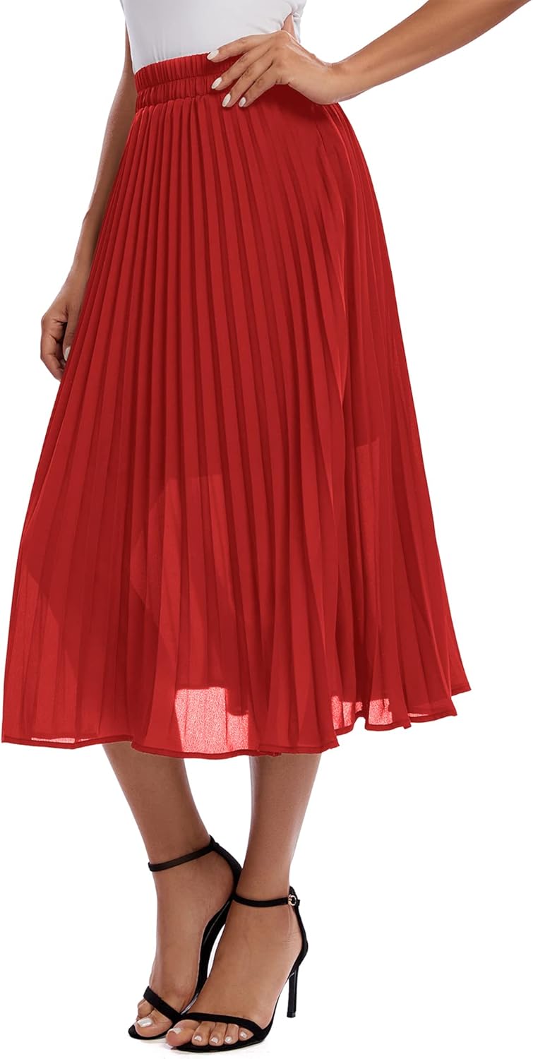 Urban CoCo Women's A Line Elastic Wasit Chiffon Midi Skirt Flare Pleated Skirts with Pockets - Image 5