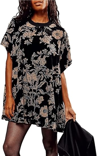 Womens Summer Vintage Velvet Dress Floral Printed Mini Flowy Dress Round Neck Short Sleeve Dress