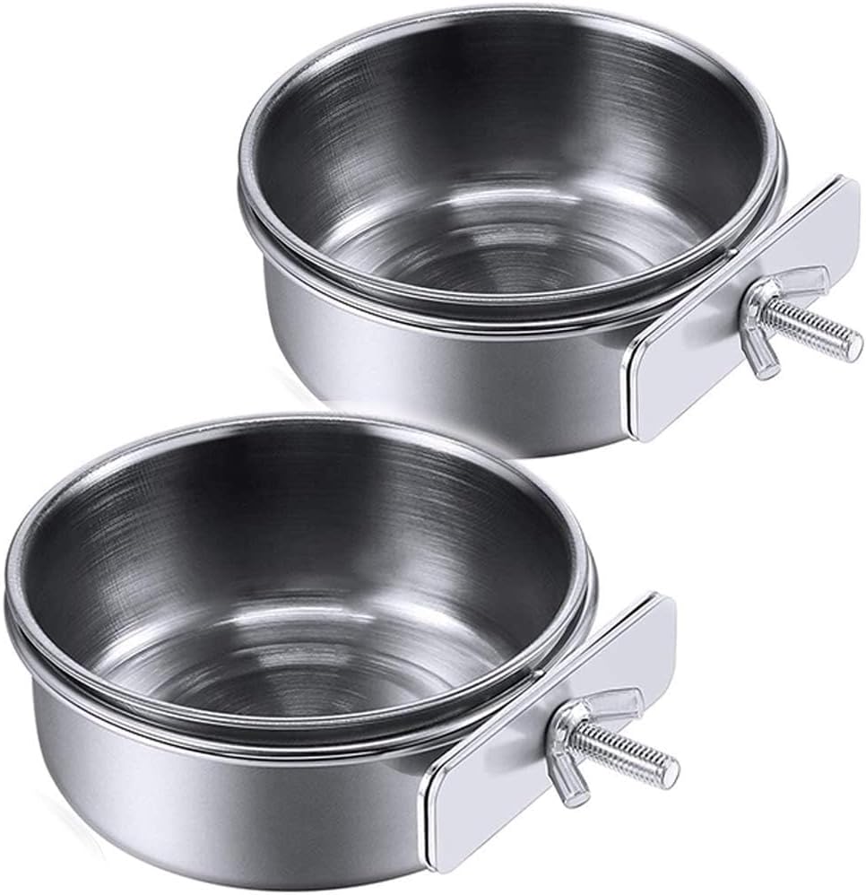 PINVNBY 2PCS Parrot Feeding Cups Birds Food Dish Stainless Steel Parrot Feeders Water Cage Bowls with Clamp Holder for Cockatiel Conure Parakeet Macaw Small Animal (Size: L)