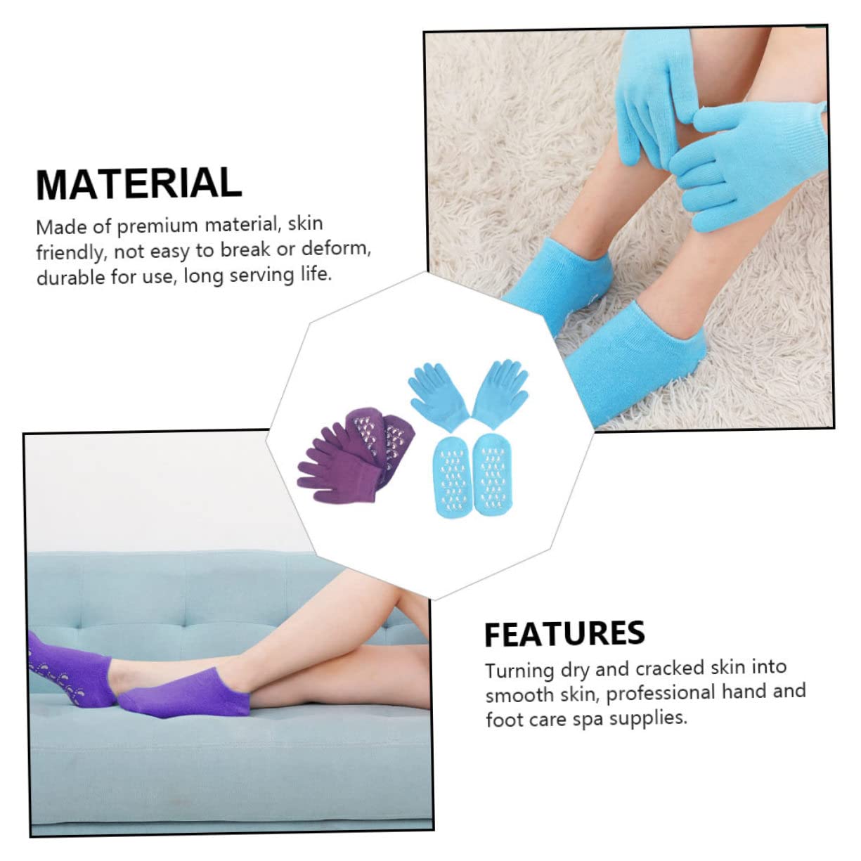 Feuchtigkeitsspendendes Gel Spa Handschuhe und Socken 2 Stück Einheitsgröße für Trockene Hände und Füße Elastisches Design Sichere Materialien für Nachtpflege