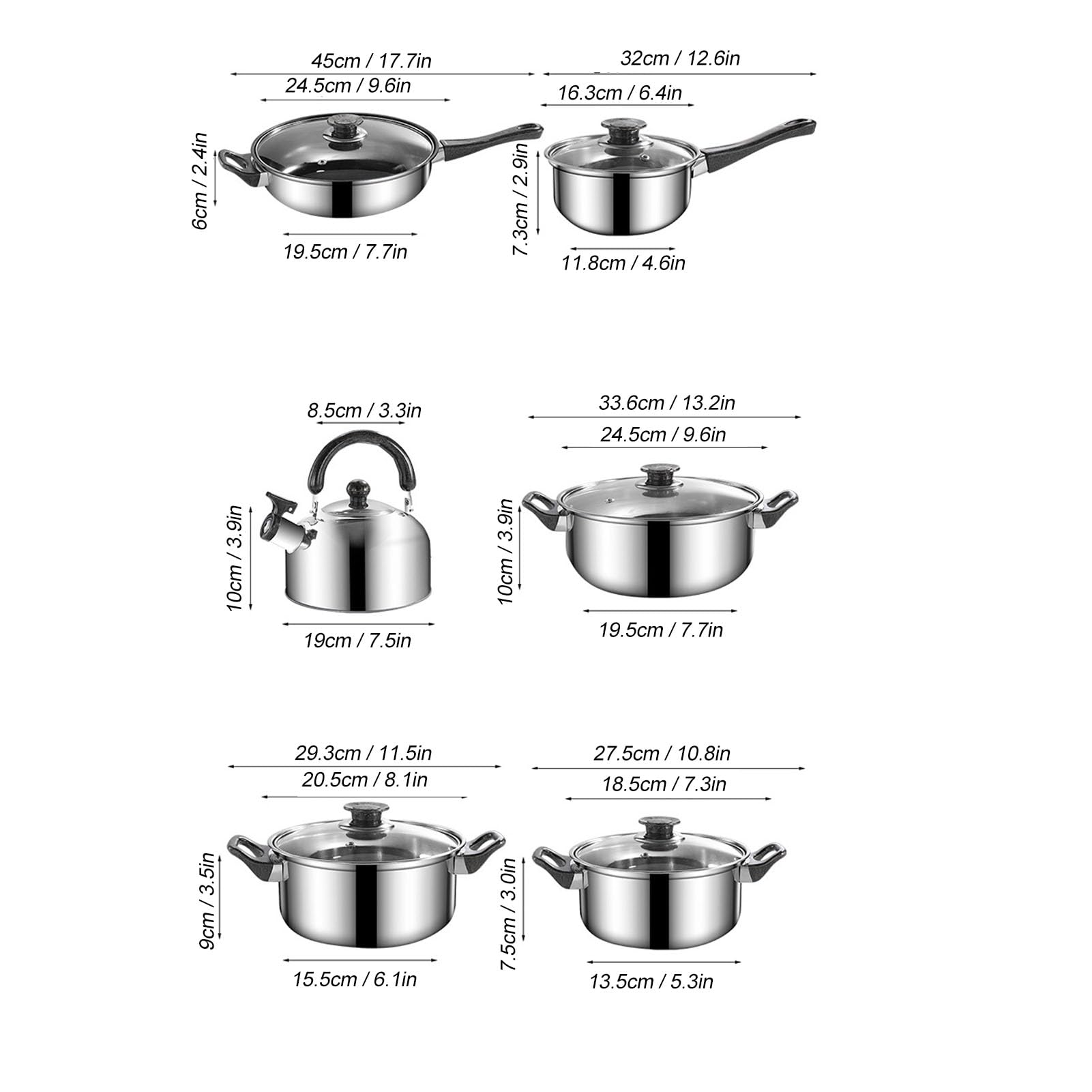 6PCS Zestaw Kuchni Kuchennej, Zestaw Patelni ze Stali Nierdzewnej z Pokrywką, Sos Plack |. Garnek do Zupy |. Kettle Herbaty |. Naczynia Kuchenne Indukcyjne do Wrzenie Dusić
