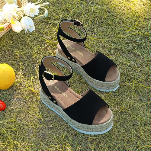 Image of PANDANINJIA Girls Sandals Wedge Platform Espadrille Open Toe Summer Little Big Kid Flower Girl Heels Dress Shoes