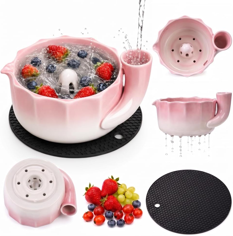 Self Spinning Ceramic Berry Washing Bowl, 360° Vortex Fruit Washer Colander with Drain Holes, Fruit Rinser for Berries Grapes Cherry Tomatoes