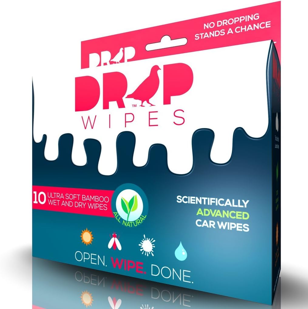 Bird Poop Remover - Drop Wipes - Exterior Car Wipes/Auto Spot Cleaner - Scientifically Advanced, Patent Pending & All-Natural for Bird Droppings, Water Spots & More - 1 Box (10 Wet & 10 Dry Wipes)