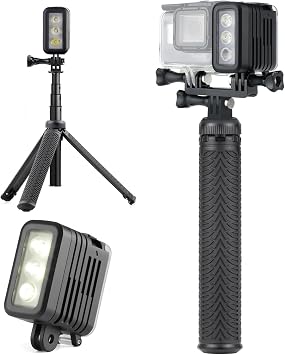 SOONSUN Waterproof Selfie Stick & Rechargeable Diving Light Bundle for GoPro Hero 13 12 11 10 9 8 7 6 5, DJI Osmo Action 5 4 3, Insta360, SJCAM Extendable Tripod Pole & 450LM Underwater Video Light