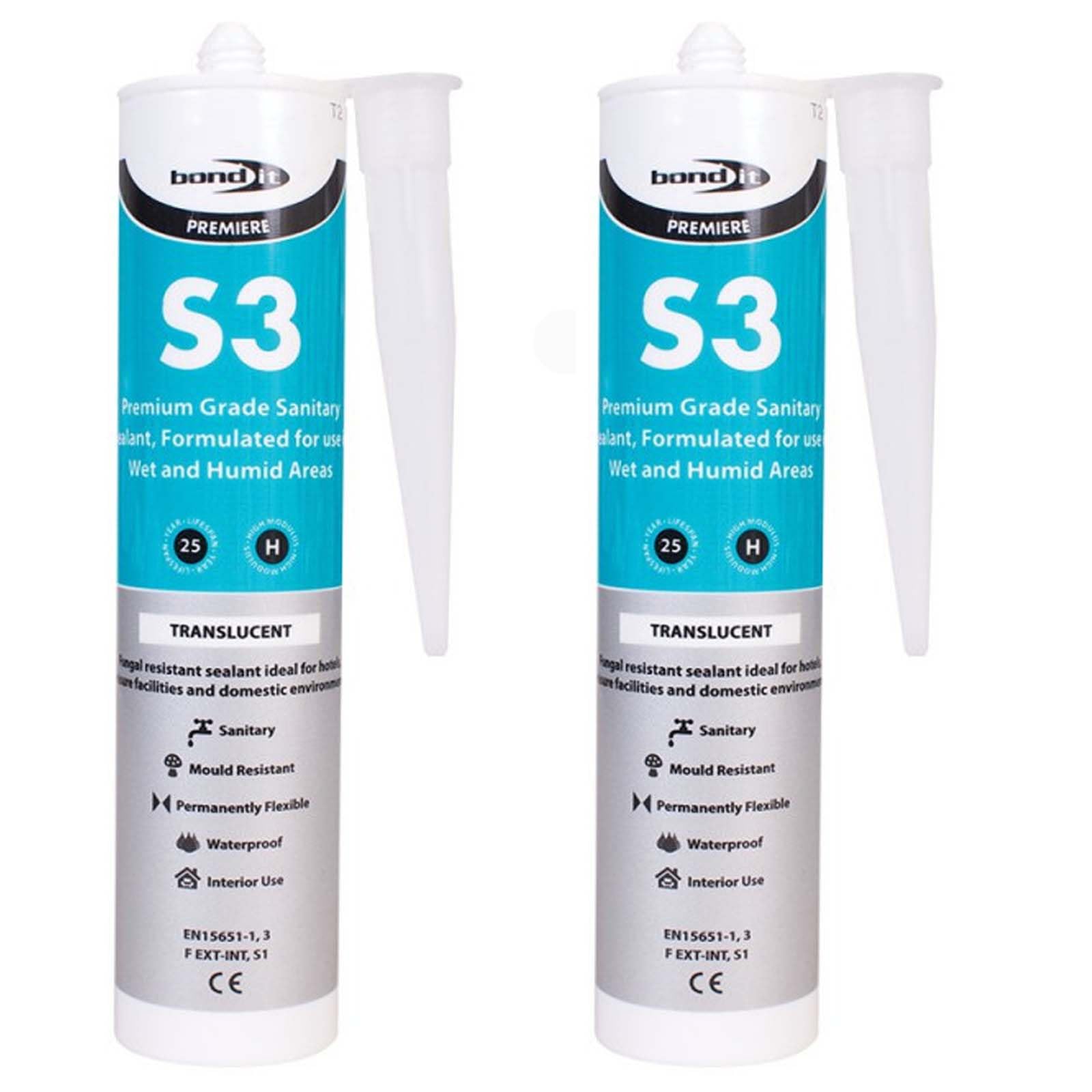 Bond-it 310ml S3 Grade Sanitary Silicone Sealant High Performance Bathroom Bath Kitchen Sink Shower Anti Mould Window Fungal Resistant Premium EU3 (Transluscent, 2)