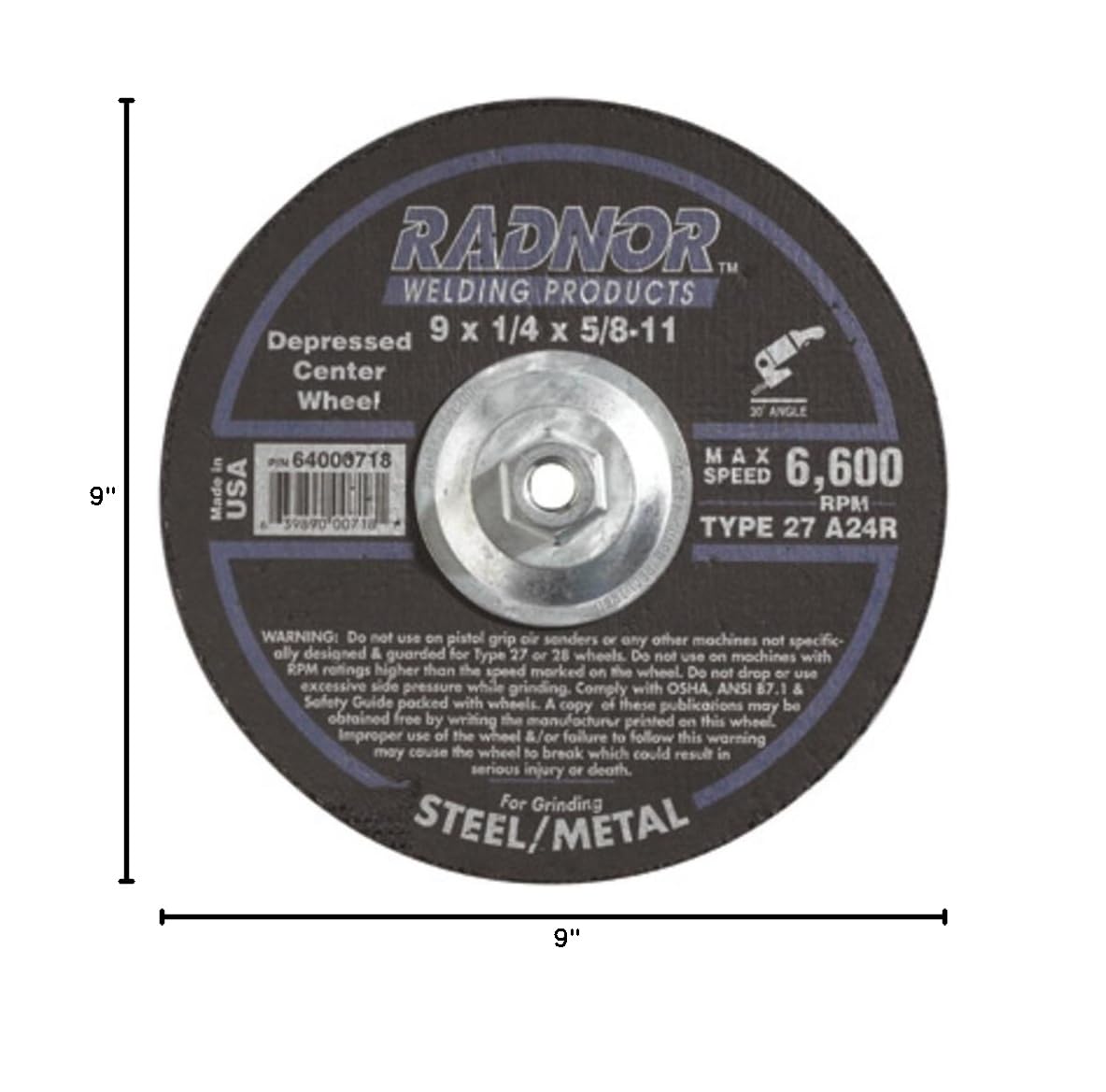 Radnor 9" X 1/8" X 5/8" - 11 A24R Aluminum Oxide Type 27 Depressed Center Cut Off And Grinding Wheel For Use With Right Angle Grinder On Metal And Steel ( 10EA)