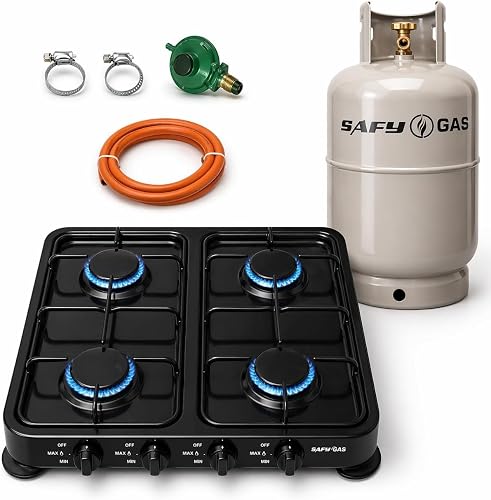 4 Burner Gas Stove with 9kg Gas Cylinder, Regulator, Hose and Clamps, Complete Cooking Set