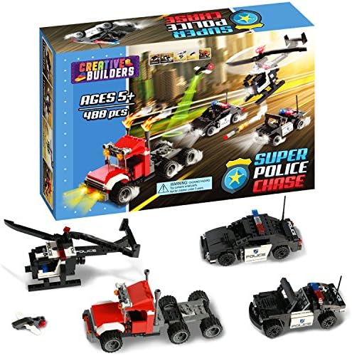 Creative Builders 488 Pieces, Super Police Chase, Includes Police Car, Police Helicopter, Police Jeep, Flying Drone, and Criminal Semi Truck, Lego Compatible