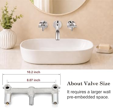 Midanya Wall Mount Bathroom Faucet 3 Hole 2 Cross Handle,Polish Chrome | SUS304 Stainless Steel,Rough-in Valve Included,360° Swivel Spout,for Bathroom Sink,Vanity