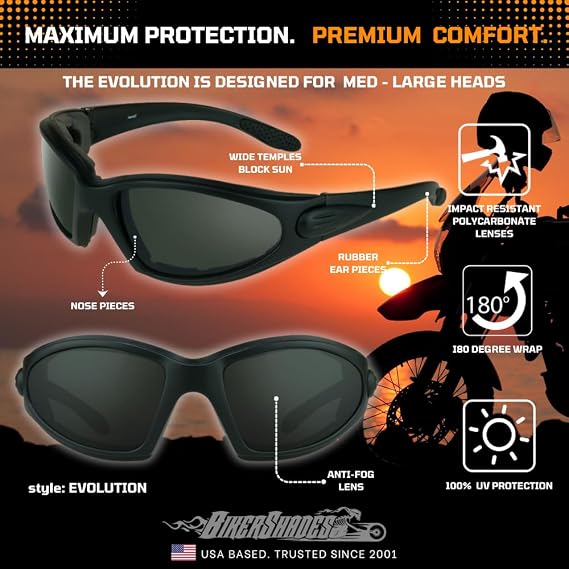 Bikershades Motorcycle Safety Sunglass Foam Padded Men Women Wide Coverage Wind-Proof