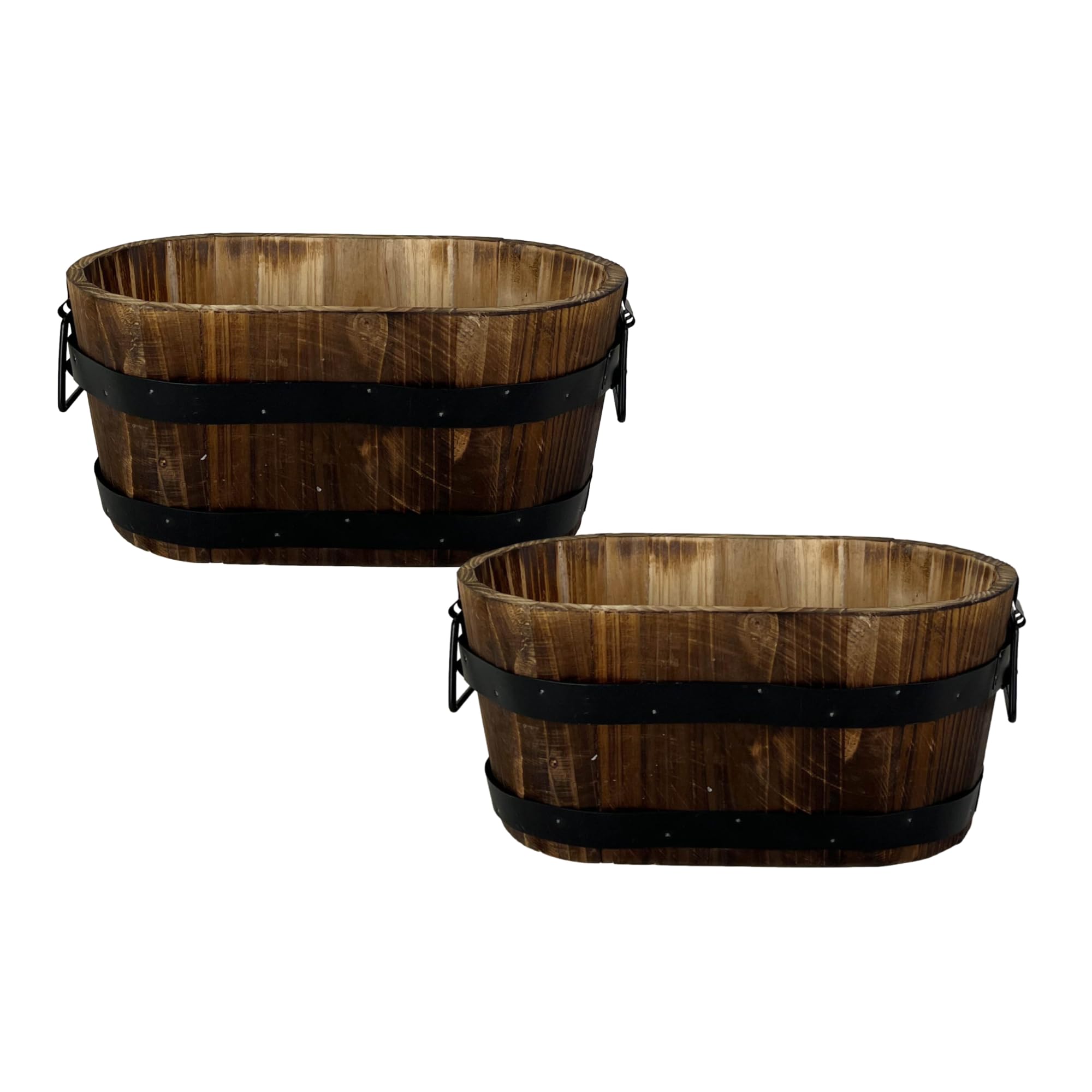 Fyne-Finds Natural Oval Wooden Whiskey Barrel Container Planter 30Cm, 12Inch Home Garden Pot With Metal Handles Band Outdoor Weatherproof Drainageholes (2)