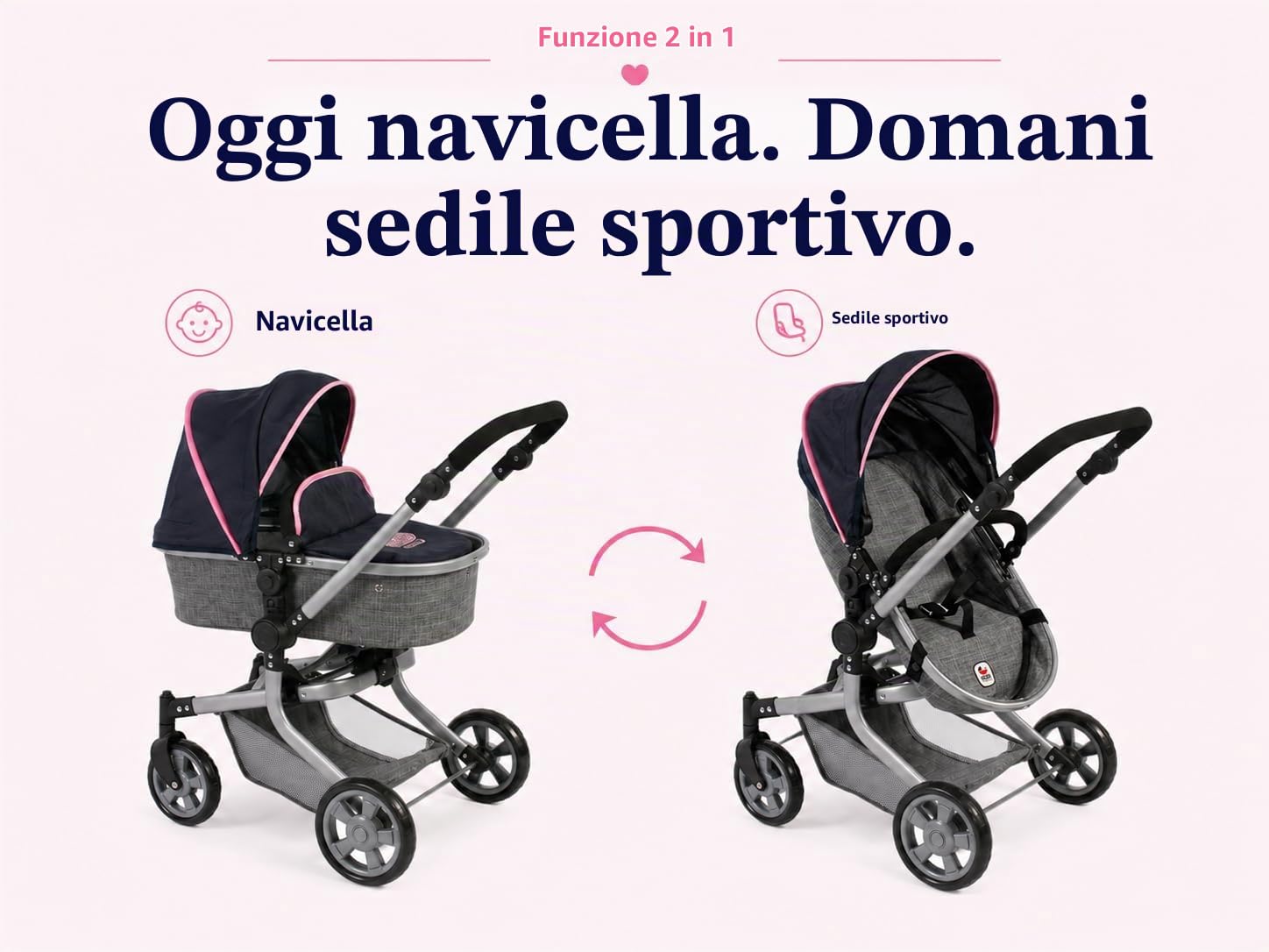 Bayer Chic 2000 - Passeggino per bambole Mika, passeggino combinato 2 in 1 per bambini dai 4 agli 8 anni, grigio melange