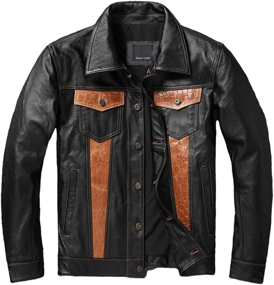 [Youllyuu] 男性牛革レザーカラーステッチオートバイバイカージャケットボタンダウンシングルブレストオーバーコート