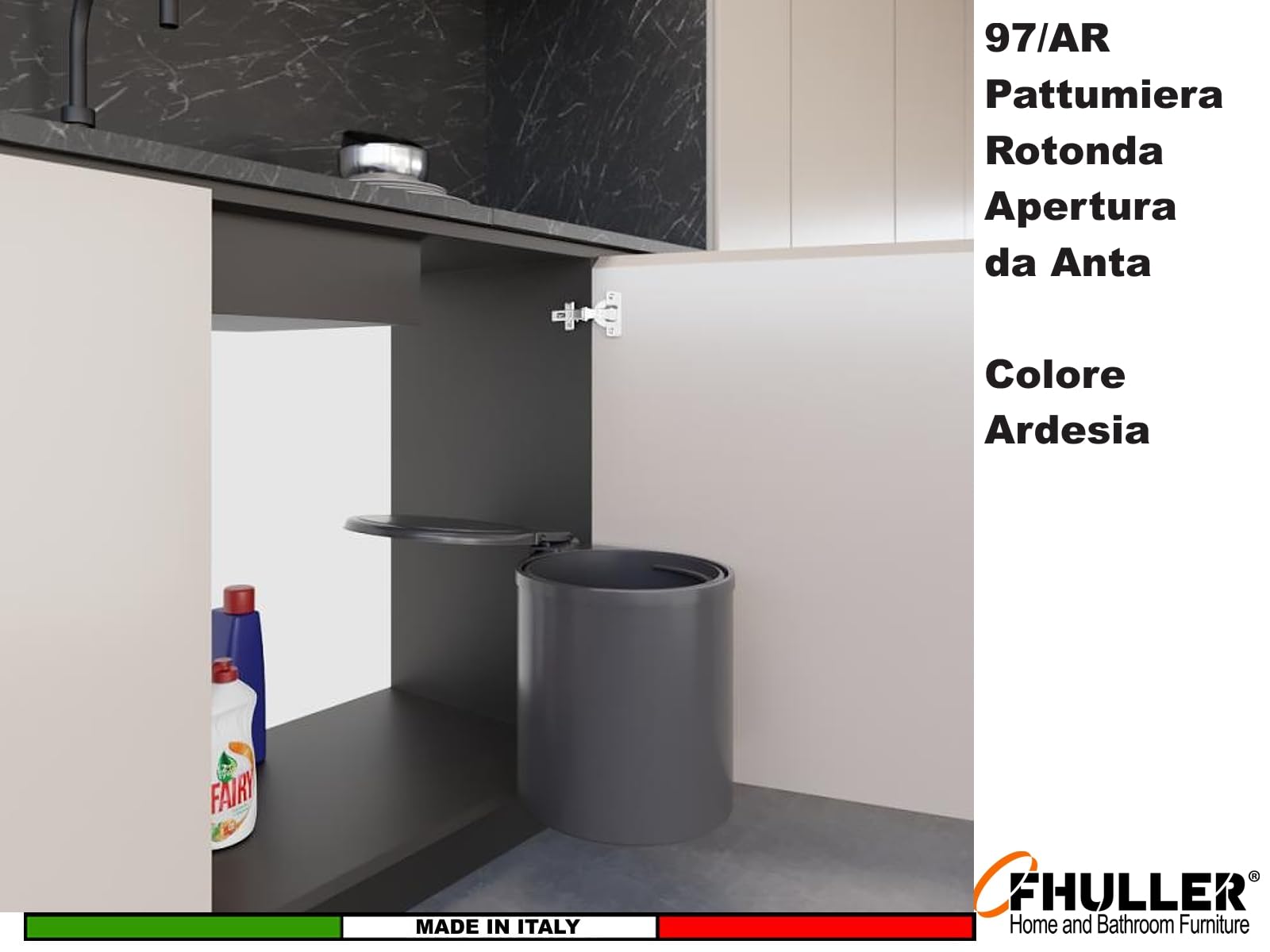 Pattumiera Incasso Rotonda in Plastica Atossica Apertura Con Anta Secchio 12 Litri Ø28,5 cm per Base o Sottolavello Cucina minimo 35 cm -Raccolta Differenziata, Colore Ardesia "ECONOMICA" 1