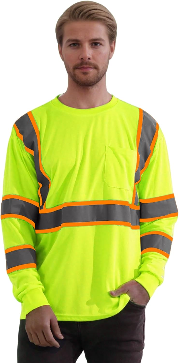W&H Hi Vis Safety Long Sleeve Shirts Reflective High Visibility Birdeyes Class 3 Shirts,Construction Work