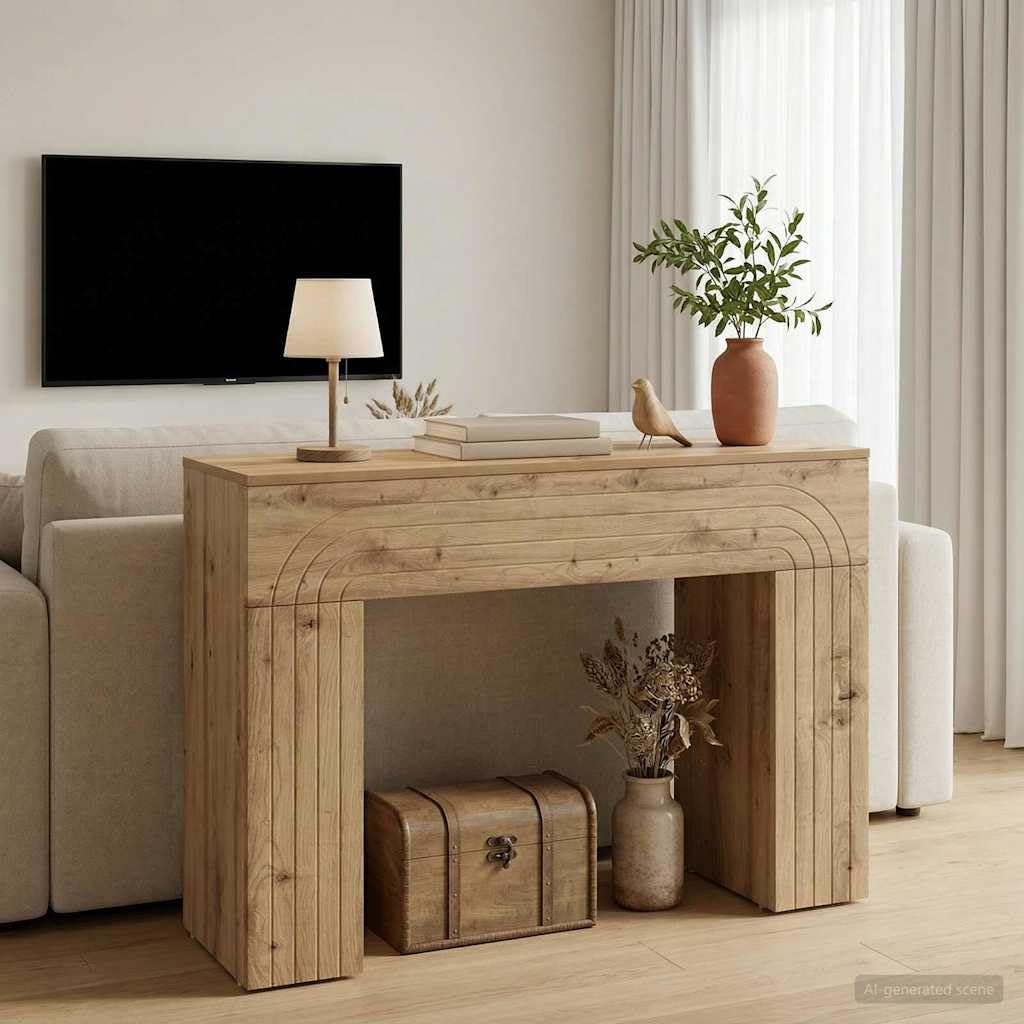 Stolik kawowy Artisan z drewna dębowego 102 x 35 x 75 cm, prostokątny stolik pomocniczy z miejscem do przechowywania do salonu, korytarza, biura i przedpokoju, kompaktowy, odporny na wilgoć