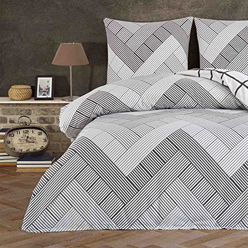 myHomery Zick-Zack Bettwäsche 2-teilig modern - Bettbezug mit praktischem Reißverschluss Betwäsche-Set 100% Baumwolle – Zickzack - Anthrazit | Bettdecke 135x200 cm & Kopfkissen 80x80 cm