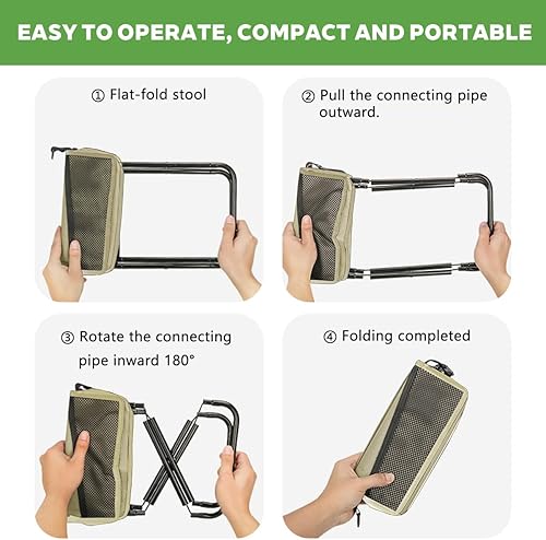 Miniatura 6 de Taburete plegable portátil, estilo bolso, silla de campamento ultraligera con bolsillos de almacenamiento dobles, tela Oxford 600D de 3 capas, marco