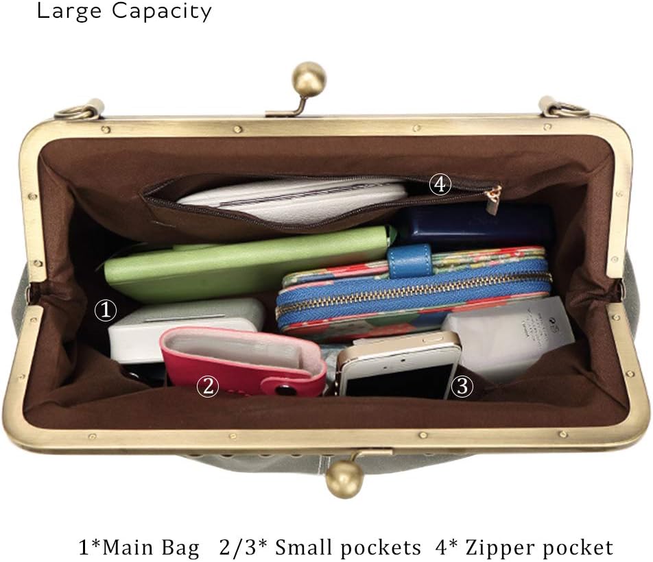 Women Vintage Small Retro Handbags Kiss Lock Crossbody Purse Frosted Leather Messenger Bag Tote - Image 4