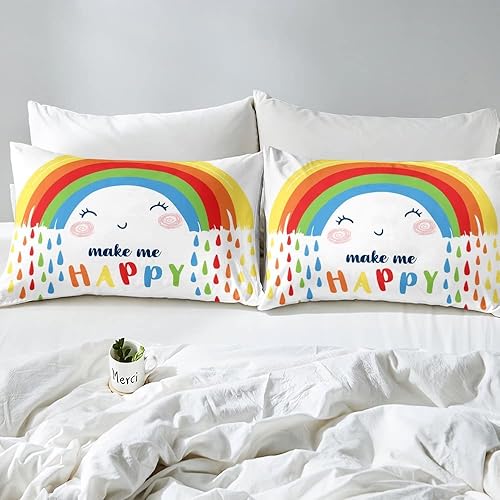 Miniatura 3 de Erosebridal Juego de edredón de arco iris, tamaño individual, juego de ropa de cama de arcoíris colorido blanco de dibujos animados para niños y