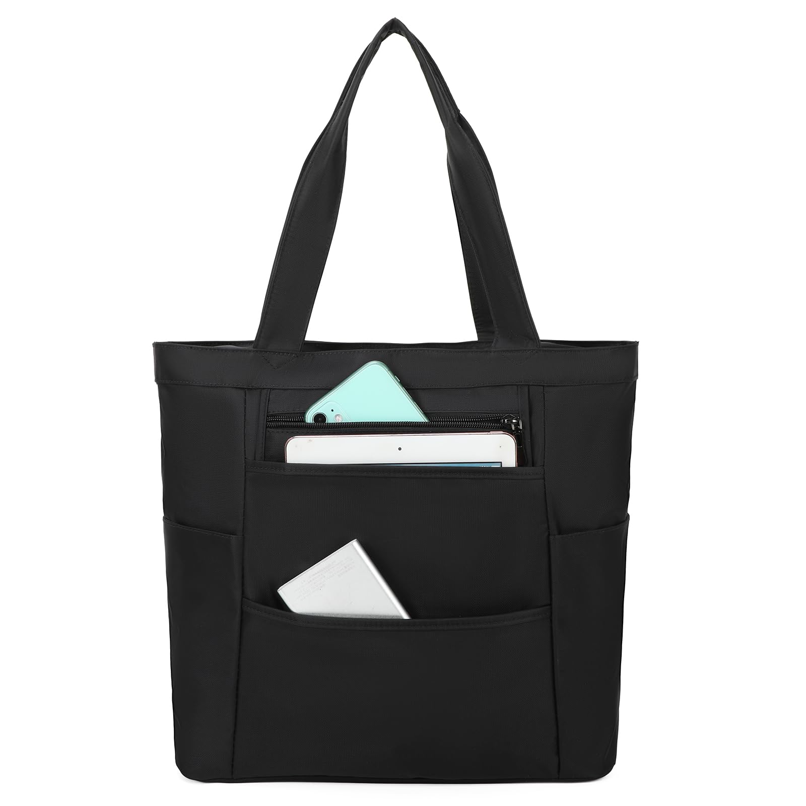 BarsineTote Bag for Women Men, Medium Black Tote Purse Waterproof Shoulder Handbag with Zipper for Travel, Work, Black, M