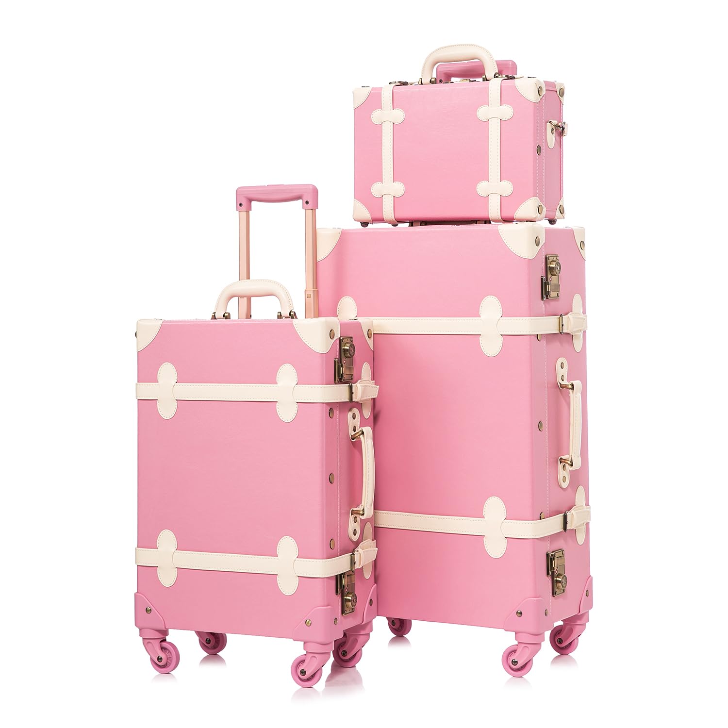 UNIWALKER Vintage Pink Suitcase Set, 3 Piece Retro Trunk Luggage with Spinner Wheels TSA Lock and Cosmetic Train Case for Women, 26"+20"+12"