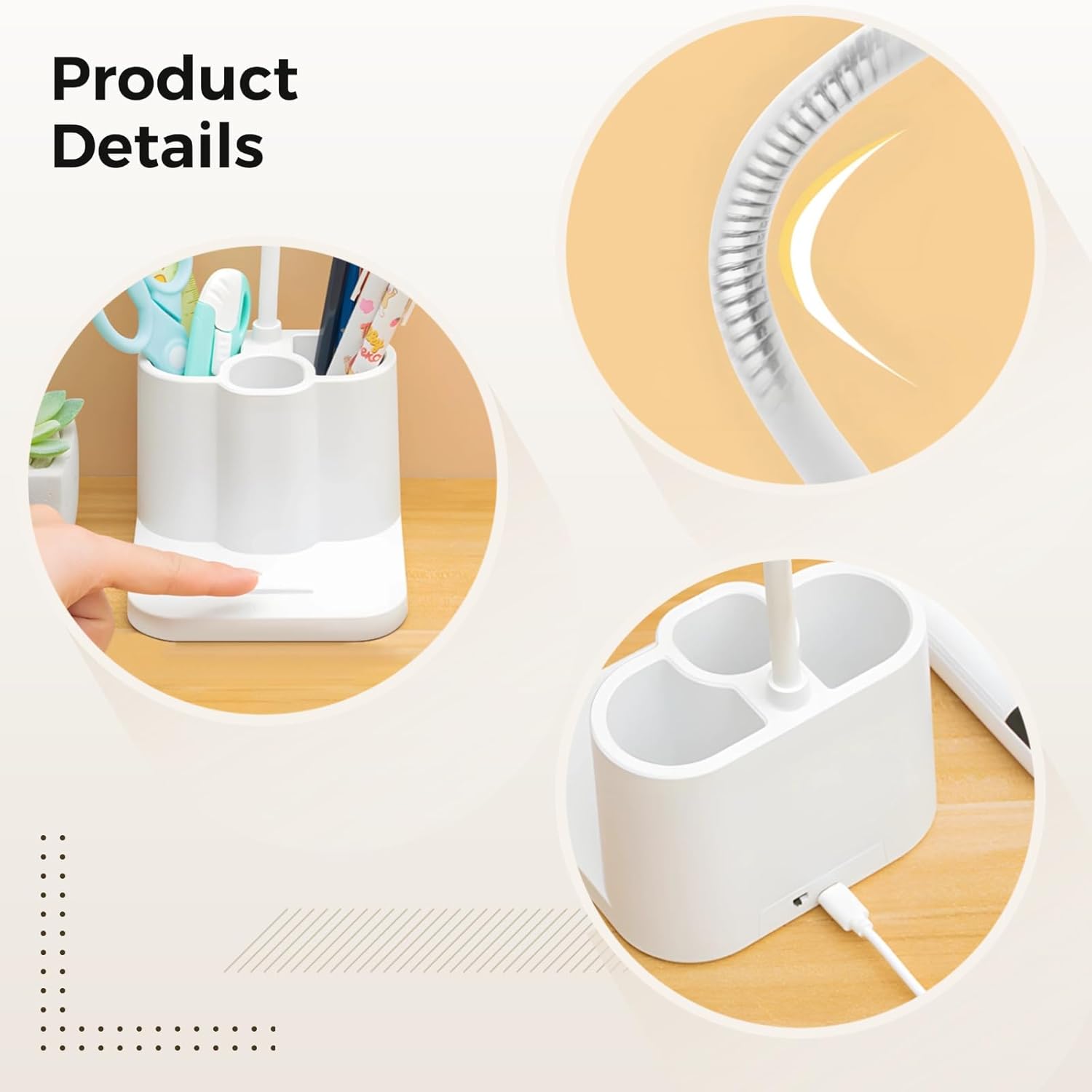 Rechargeable Led Desk Lamp with Organizer, Adjustable Reading Light, Dimmable Color Temperature, White