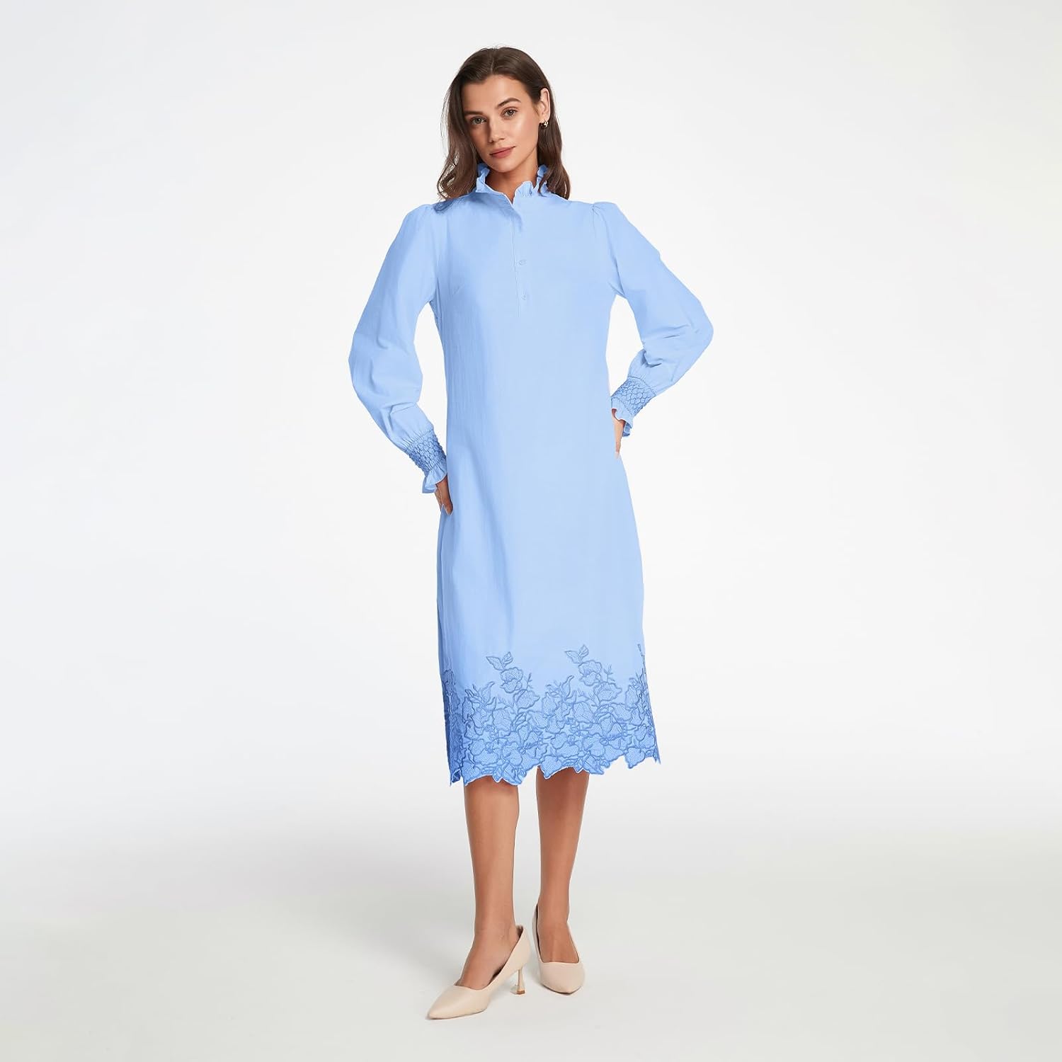 Womens Button Down Shirt Dress Long Sleeve Casual Flower Embroidery Slit Midi Dresses - Image 6