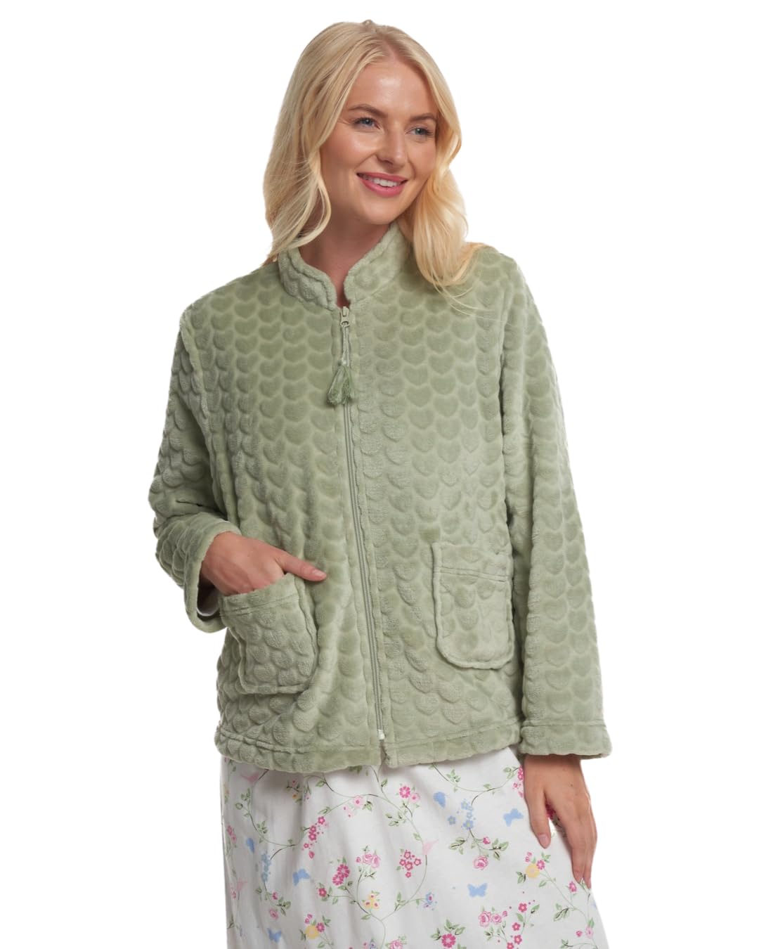 Suzy & Me Ladies Heart Embossed Zip Up Bedjacket (UK, Numeric, 16, 18, Regular, Regular, SAGE)
