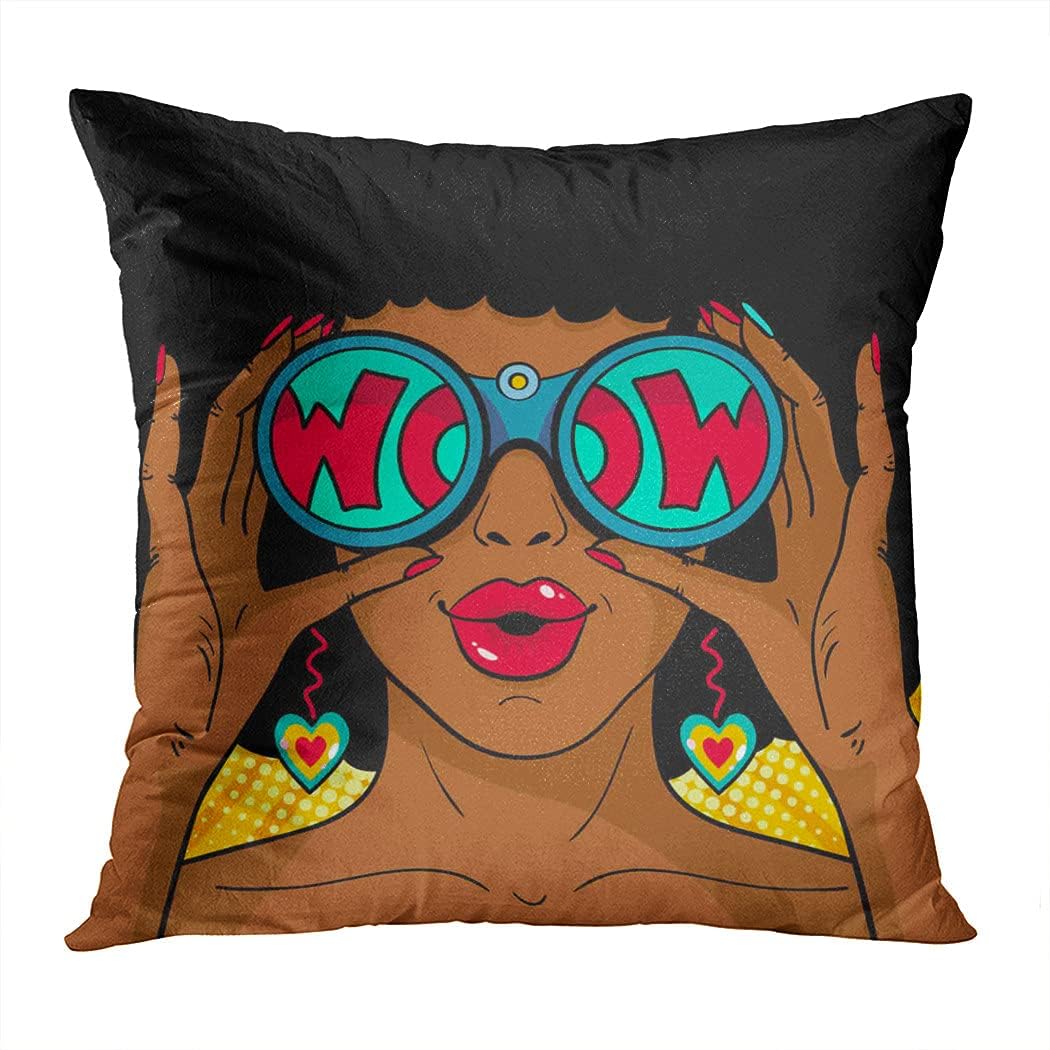 Square Pillowcase 16 x 16 Inch Sexy Pattern Wow African Woman with Open Mouth Holding Binoculars Comic Style Decorative Cushion Cover Printing Home Sofa Living Room Bedroom