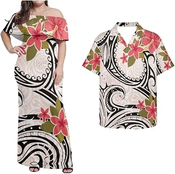 Polynesian Couple Matching Matching Hawaiian Outfits for Couples Polynesian Samoa Print Dress and Mens Shirt
