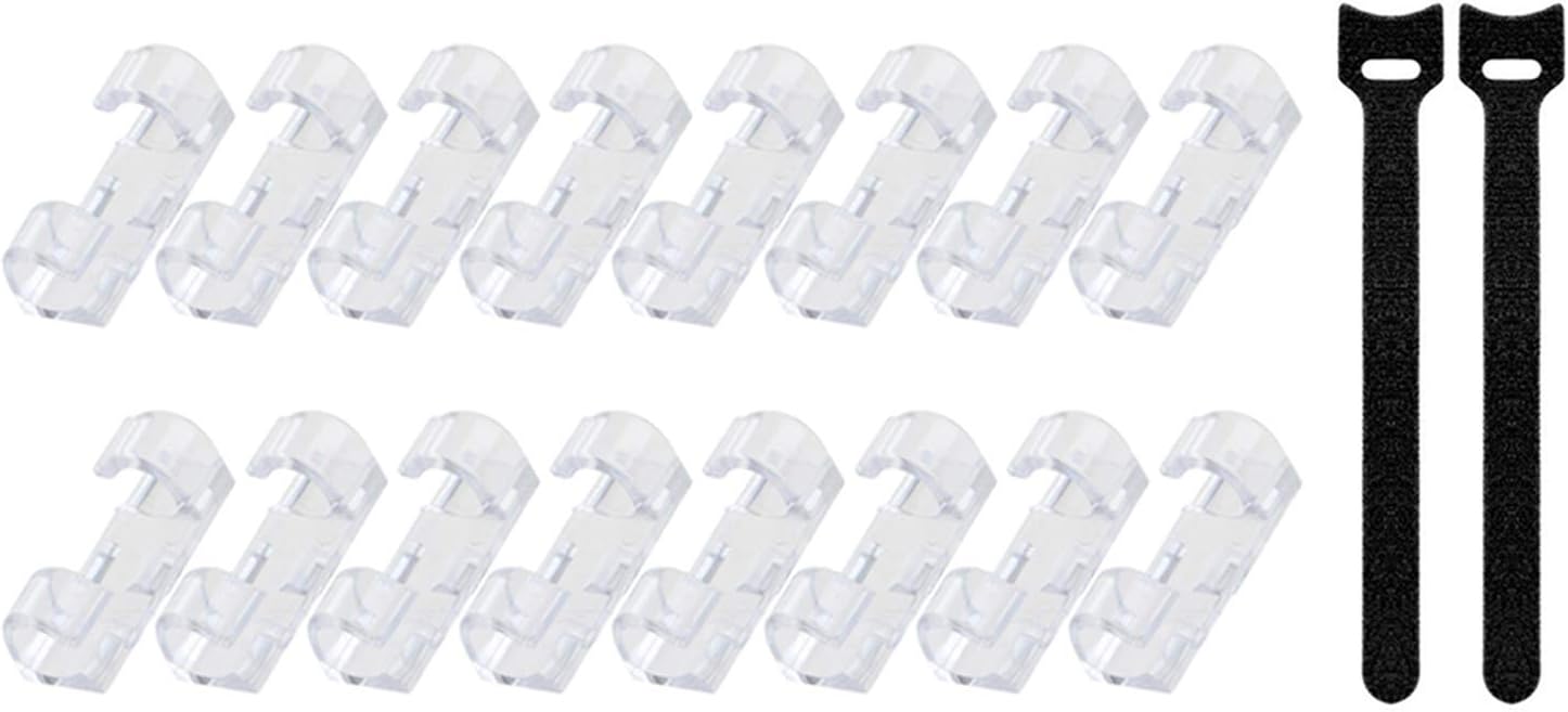 40mm x 16mm Clear Self Adhesive Plastic Cable Clips Organizer Wire Holder Clamp Cord Management (Pack of 16) + 2 Pcs 150mm x 12mm Black Nylon Reusable Cable Ties
