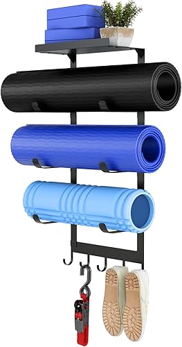 LSK Soporte de pared para esterilla de yoga, estante de almacenamiento de alfombrillas de yoga negras, almacenamiento de gimnasio en casa con