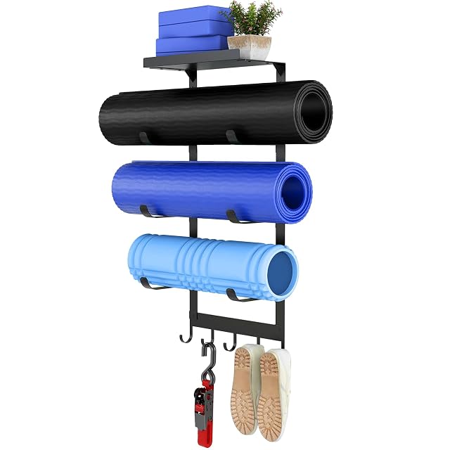LSK Yoga Mat Holder Wall Mount Black Yoga Mats Storage Rack Home Gym Storage with Metal Floating Shelf