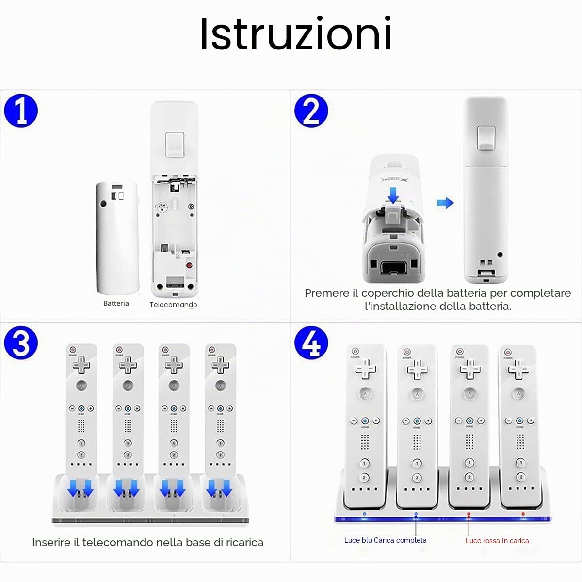 Stazione di Ricarica per Controller WII 4 in 1, Stazione Di Ricarica con 4 Batterie Ricaricabili Da 2800 Mah e Indicatori LED per Il Controller Wii（Bianco）