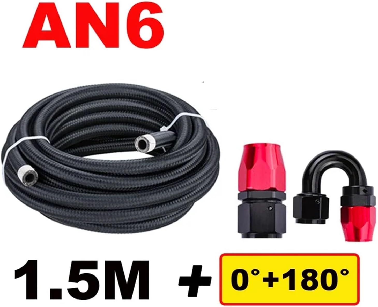 1.5M AN6 Fuel Hose Fitting Oil Line Pipe Tube Nylon Stainless Steel Braided CPE Rubber With 0/45/90/180 Degree Swivel Hose Ends(1.5M Black 0 180)