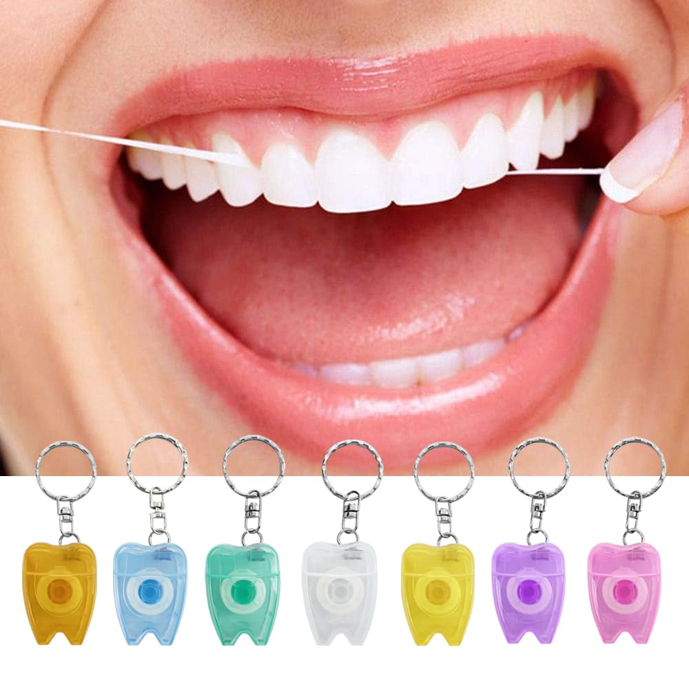 Set di 100 portachiavi portatili per la pulizia dei denti alla menta, a forma di dente, design piatto, rotolo di filo interdentale, per la pulizia orale