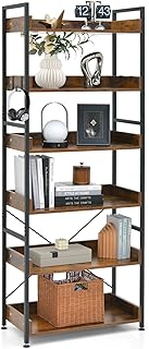 COSTWAY 6-Tier Industrial Bookshelf, Tall Bookcase Storage Shelving Unit with 4 Hooks & Anti-Tipping Device, Freestanding Metal Frame Wooden Display Rack Shelf for Living Room Bedroom Office