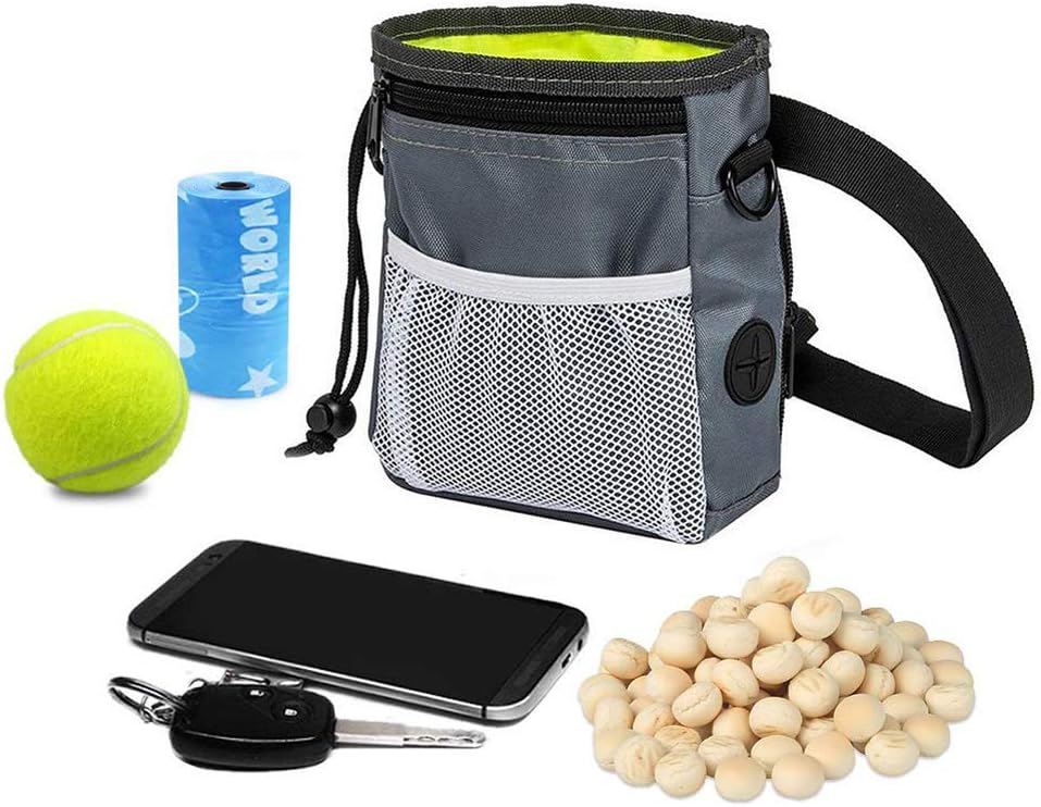 HANWELL Dog Treat Bag with Built-In Poop Bags Dispenser, Puppy Pet Training Walking Pouch with Adjustable Waist Belt & Shoulder Strap, Hands Free Carries for Running (Grey)
