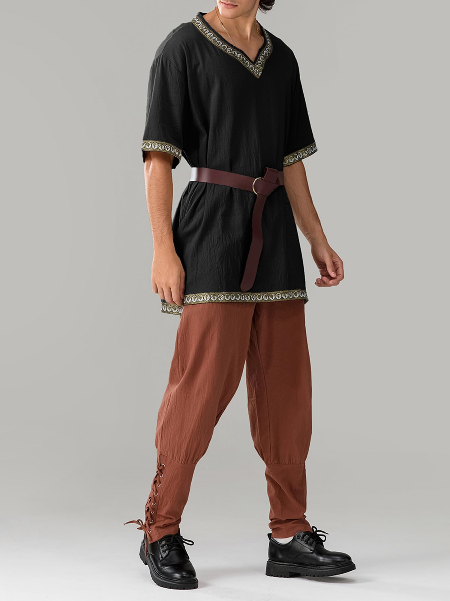 Springcmy Men Medieval Costume Renaissance Templar Tunic Viking Knight Pirate Vintage Warrior Halloween Cosplay Party Tops (Black, XL) - Image 4