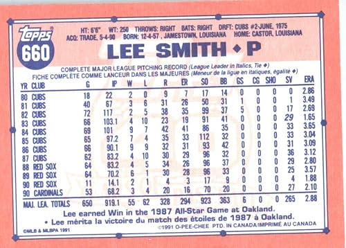 Miniatura 2 de 1991 O-Pee-Chee #660 Lee Smith St. Louis Cardinals Baseball Card