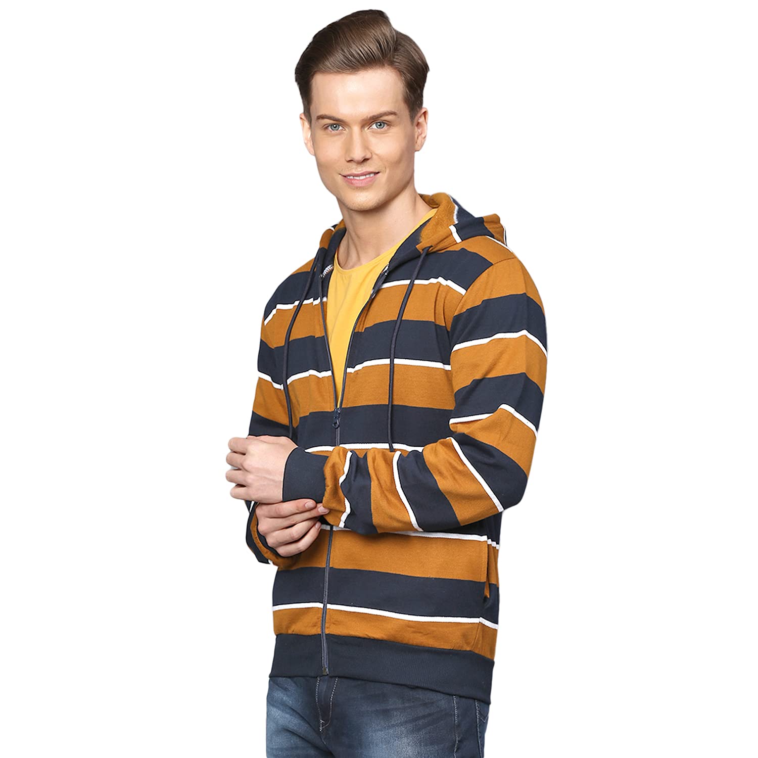cahoot Men Cotton Multistriped Full Sleeve Stylish Casual Hooded Sweatshirt-picture-38