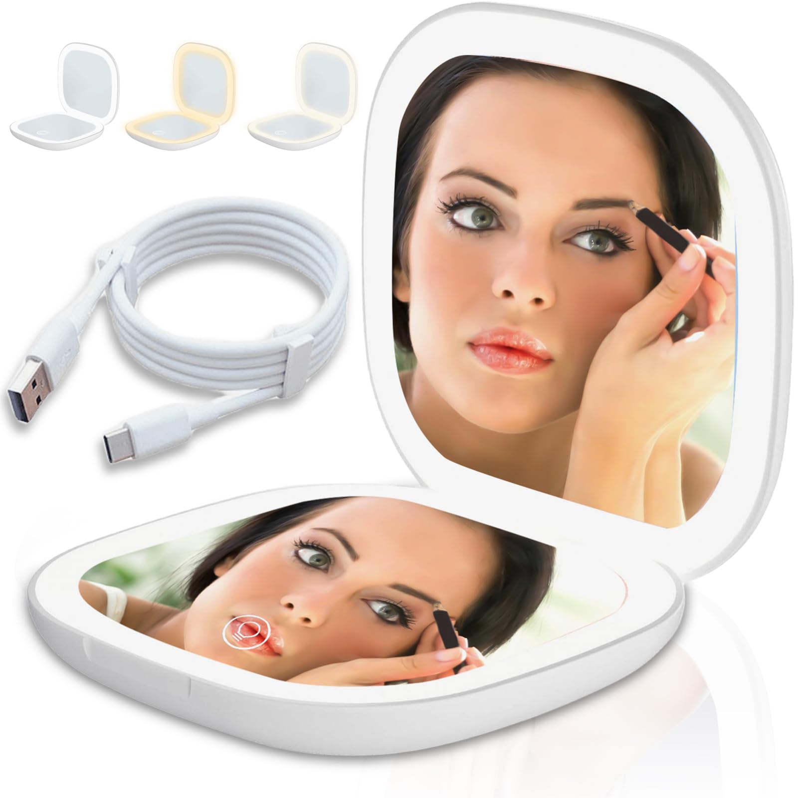 Molbory Espejo de Maquillaje de Viaje con Luz LED, 1 ×/5 × Mini Espejo de Bolsillo LED, Espejo de Maquillaje de Doble Cara Portátil, Espejo de Bolsillo Espejos Pequeños Plegable para Viaje
