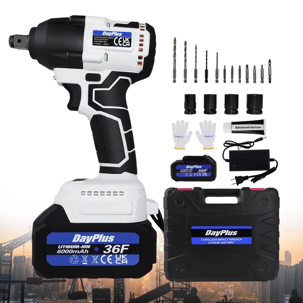 AUTOFU Clé à Choc Sur Batterie 21V Brushless Cle a Choc Electrique, 420N.m Boulonneuse a Choc, Visseuse à Choc Clef 3200RPM, 4 Douilles à Chocs, 12pcs Accessoires, Une Batteries et Chargeur