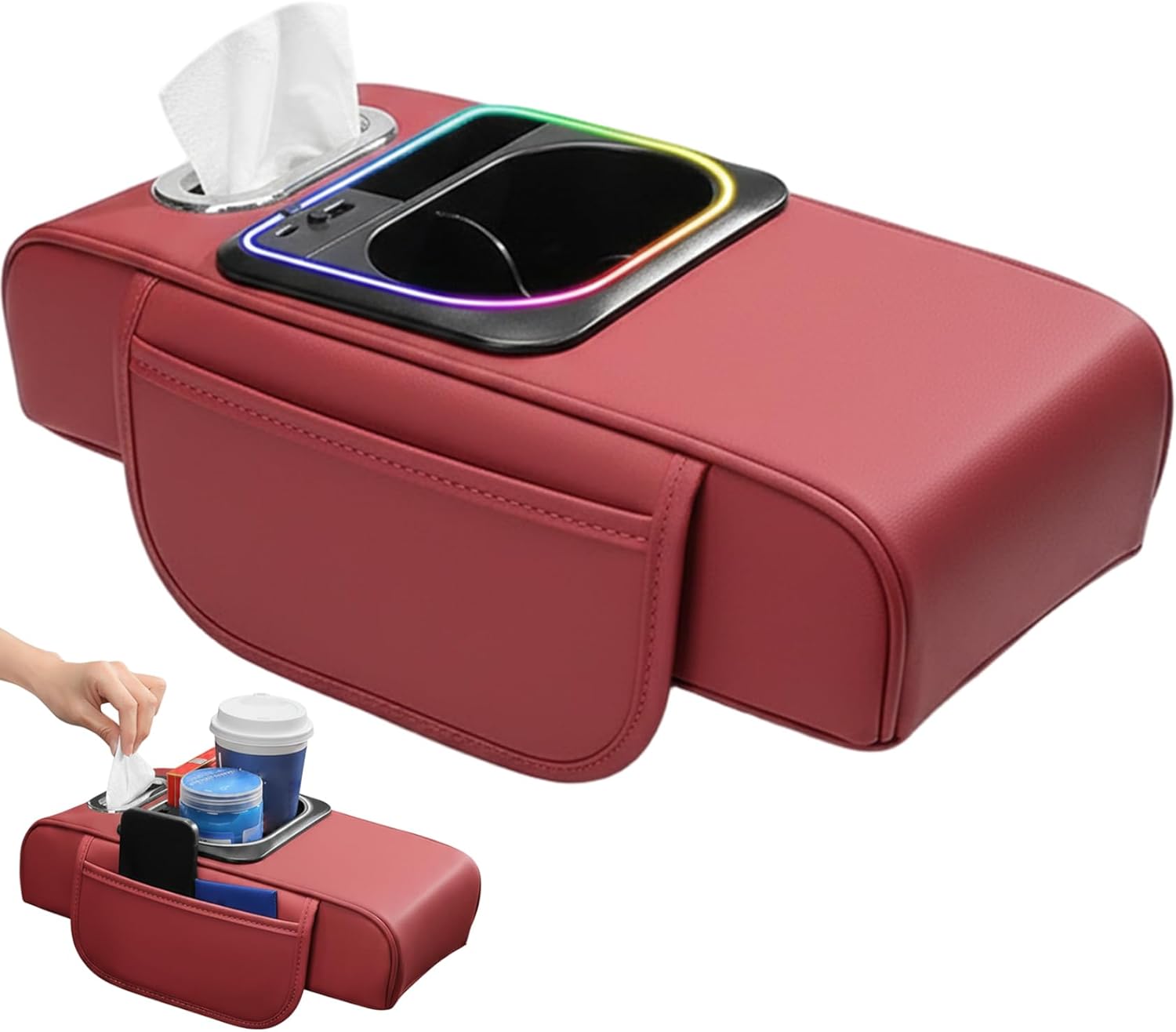 Car Armrest Cushion, Leather Center Console Cover with Storage Bags, Phone Slot, Charging Port, Tissue Holder and Cup Holder for SUV, Motorhome, Truck, Claret.